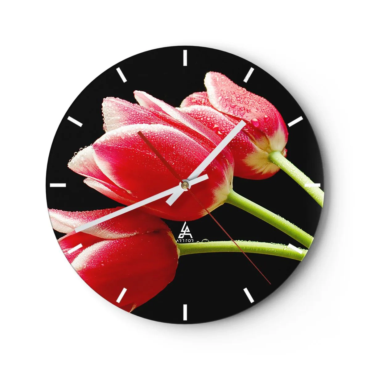 Horloge murale - Pendule murale - Tulipes rouges avec des gouttes d'eau sur fond noir - 30x30cm - Une promesse d'amour pur - Décoration murale moderne pour le salon, la cuisine et la chambre ARTTOR