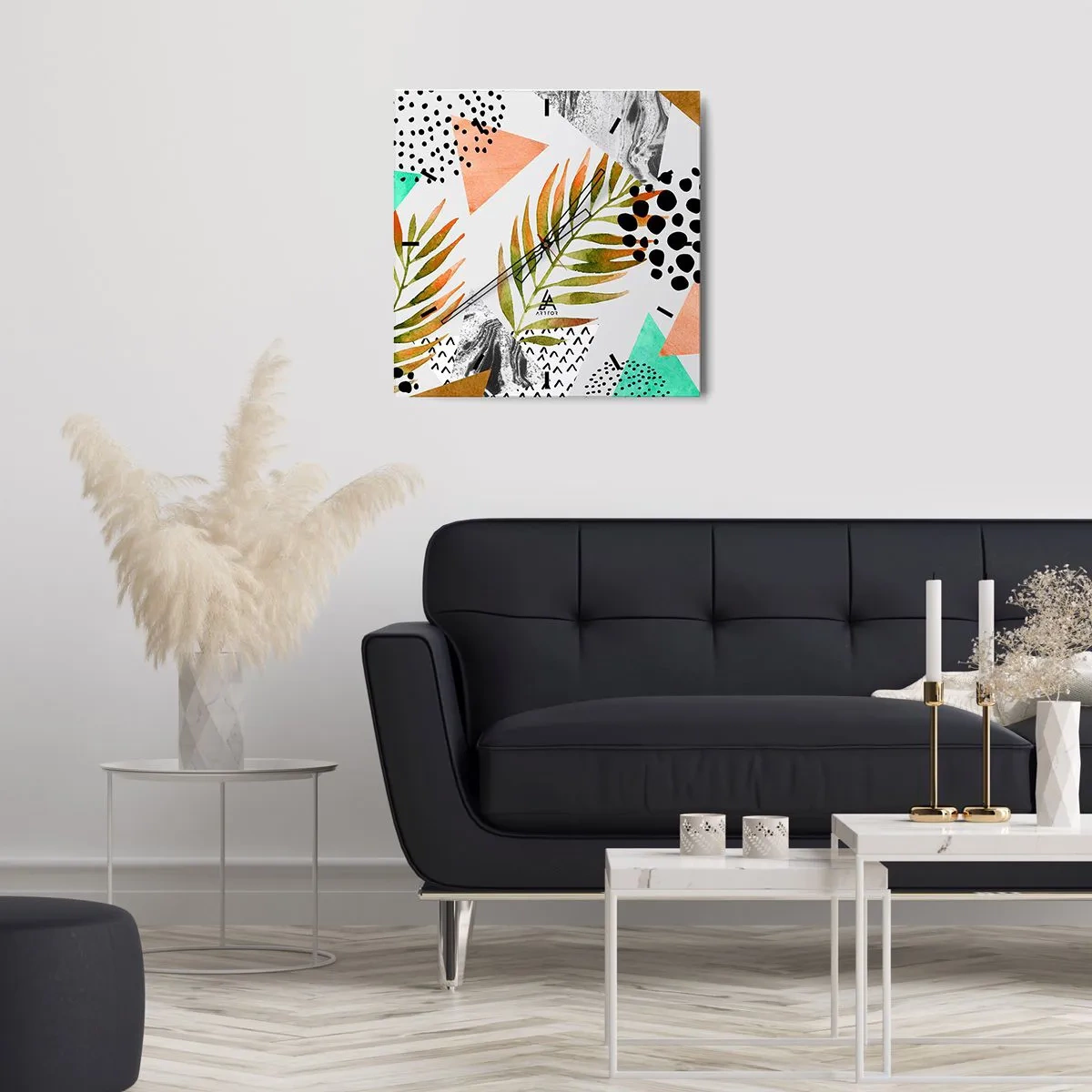 Horloge murale - Pendule murale - Motif tropical avec des feuilles et des formes géométriques - 30x30cm - Décoration avec feuille de palmier - Décoration murale moderne pour le salon et la chambre ARTTOR