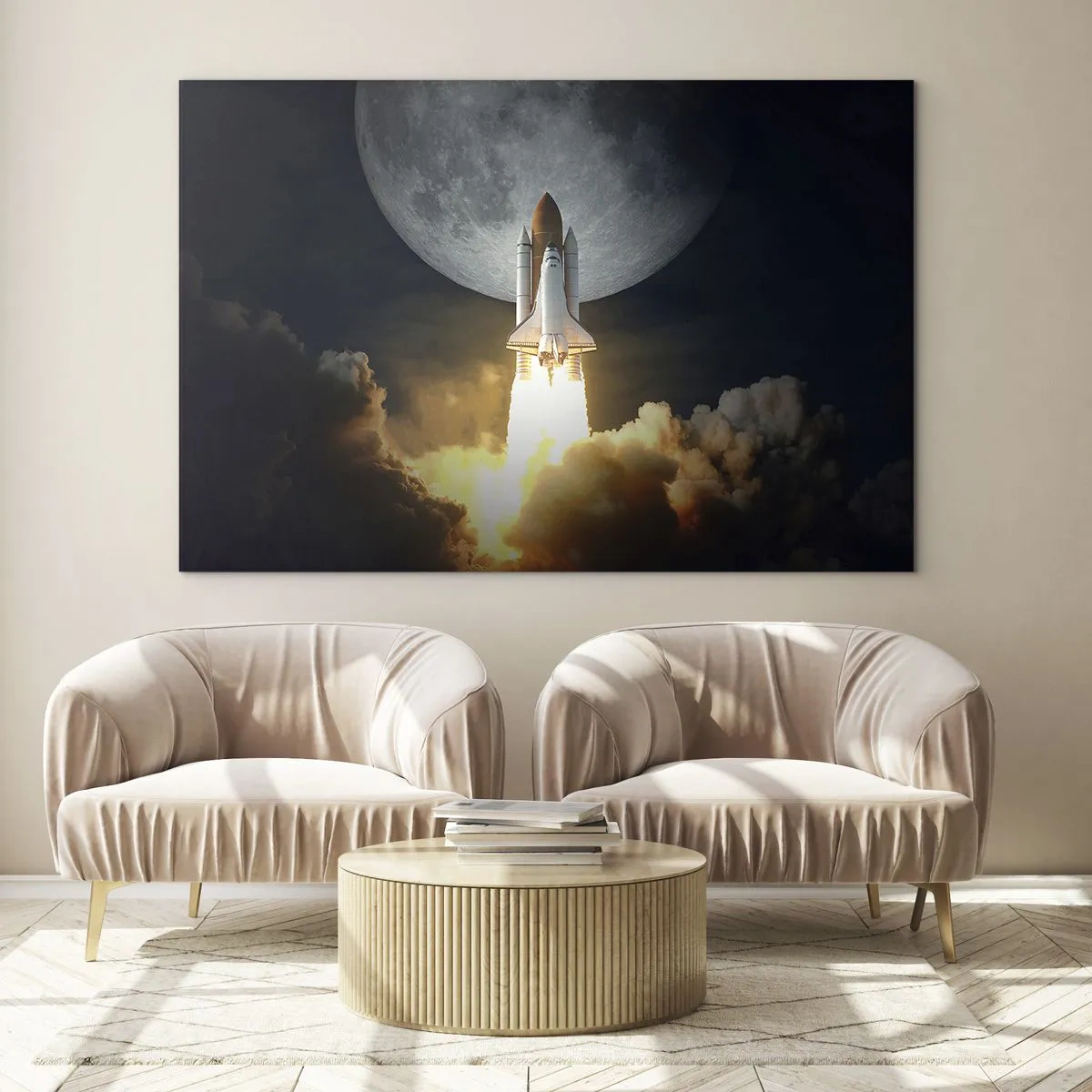 Impression sur verre - Image sur verre - Lancement d'une fusée spatiale avec en arrière-plan la lune et le ciel nocturne. - 70x50cm - Le début d'une aventure surnaturelle - Décoration murale moderne pour le salon et la chambre ARTTOR