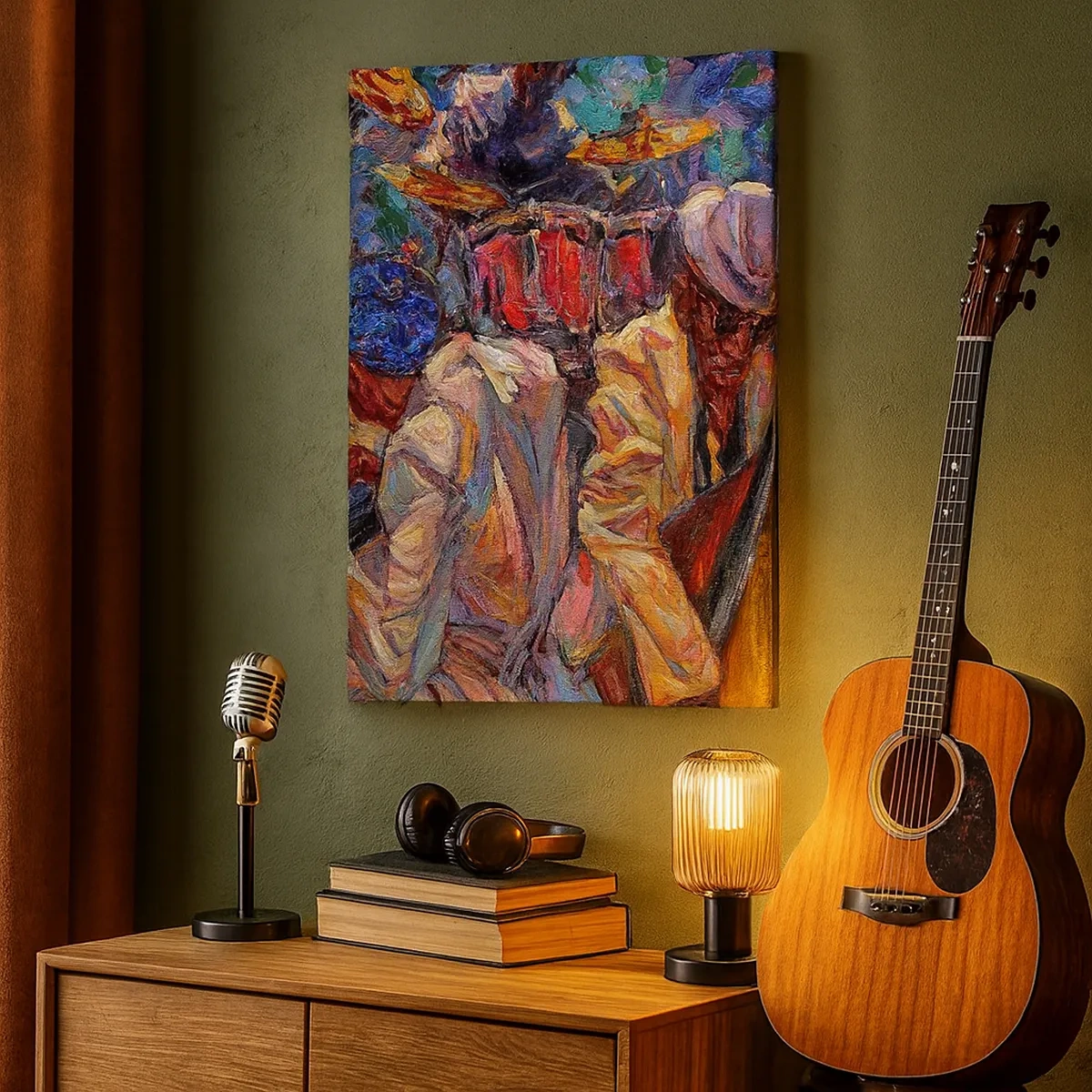 Impression sur toile - Image sur toile - Scène de jazz énergique avec musiciens et instruments - 50x70cm - Dans le même tempo - Décoration murale moderne pour le salon et la chambre ARTTOR