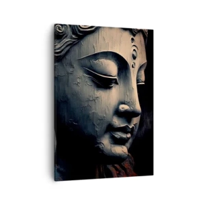 Impression sur toile - Image sur toile - Sculpture de Bouddha avec une fleur de lotus rouge - 50x70cm - En harmonie avec le monde - Décoration murale moderne pour le salon et la chambre ARTTOR