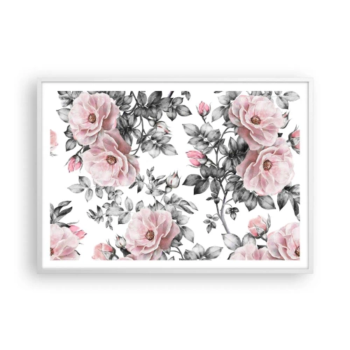 Affiche dans un cadre blanc - Poster - Se perdre dans les fleurs des roses - 100x70 cm