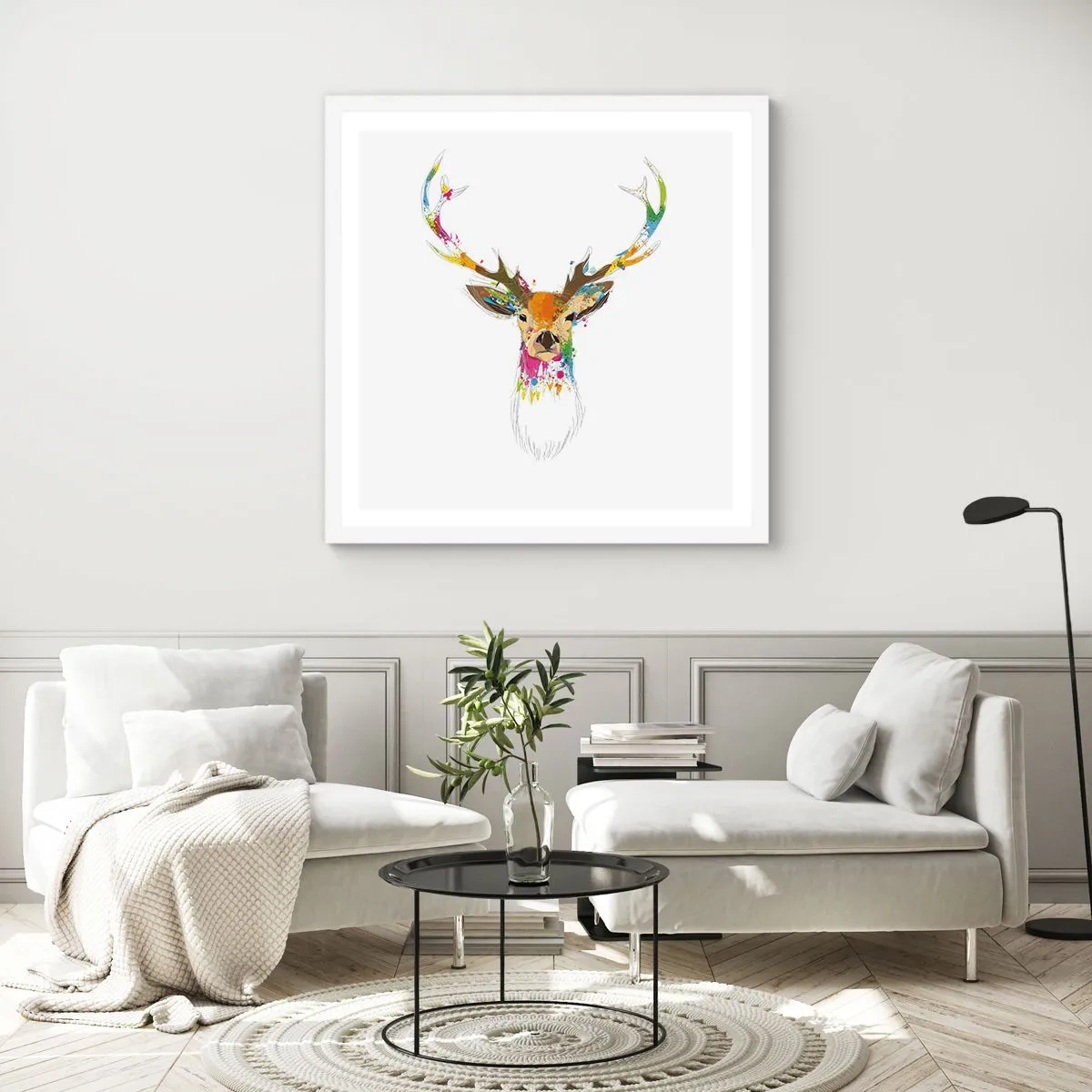 Affiche dans un cadre blanc - Poster - Un cerf doux baigné de couleur - 40x40 cm