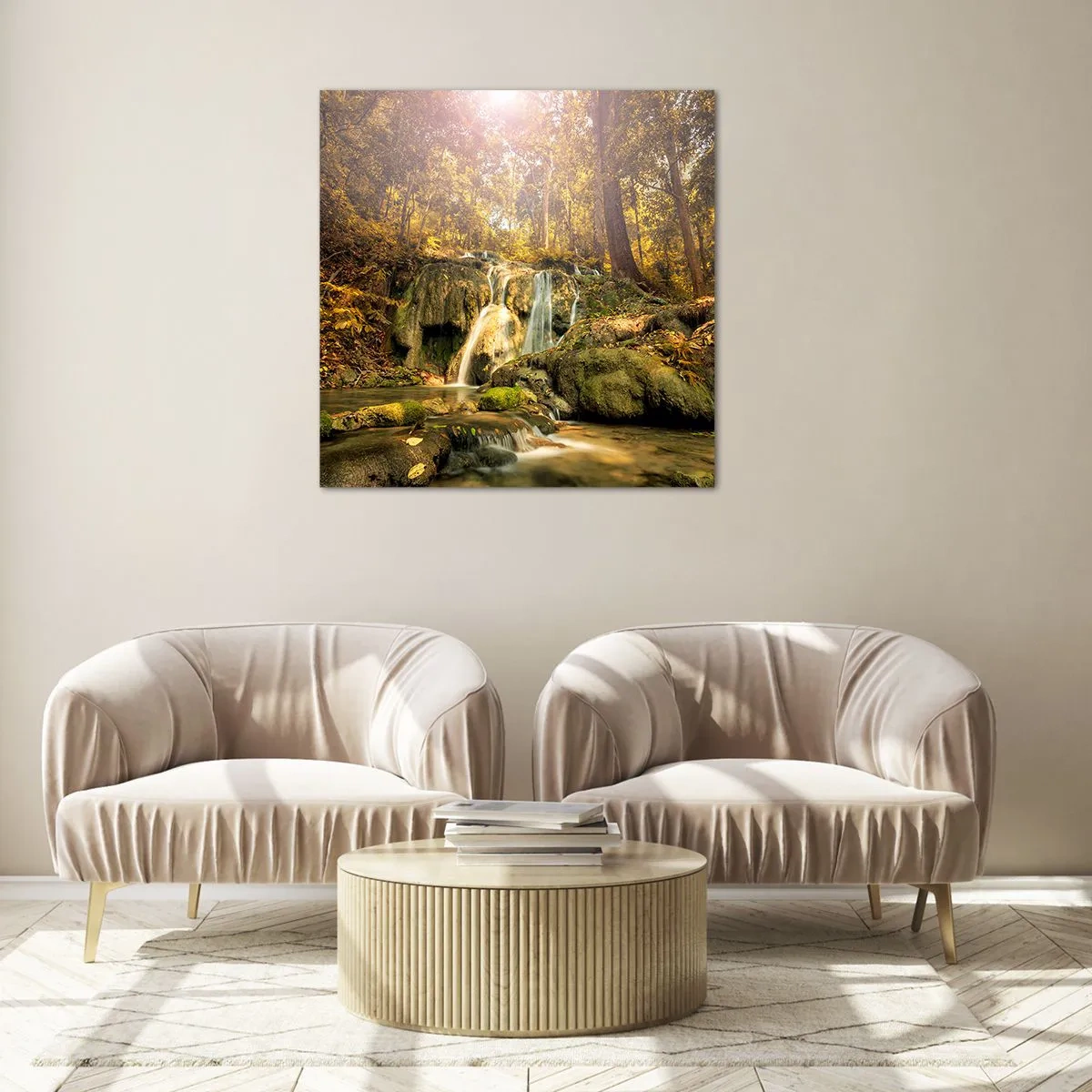 Impression sur verre - Image sur verre - Cascade de forêt en vert - 60x60 cm
