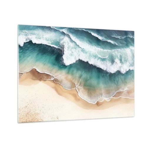 Impression sur verre - Image sur verre - Les vagues de l'océan s'écrasent sur une plage de sable doré - 70x50cm - La rencontre éternelle - Décoration murale moderne pour le salon et la chambre ARTTOR