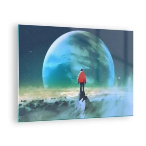 Impression sur verre - Image sur verre - Une silhouette vêtue d'une veste rouge sur fond d'une immense planète et d'étoiles - 70x50cm - Explorateur de la nouvelle terre - Décoration murale moderne pour le salon et la chambre ARTTOR