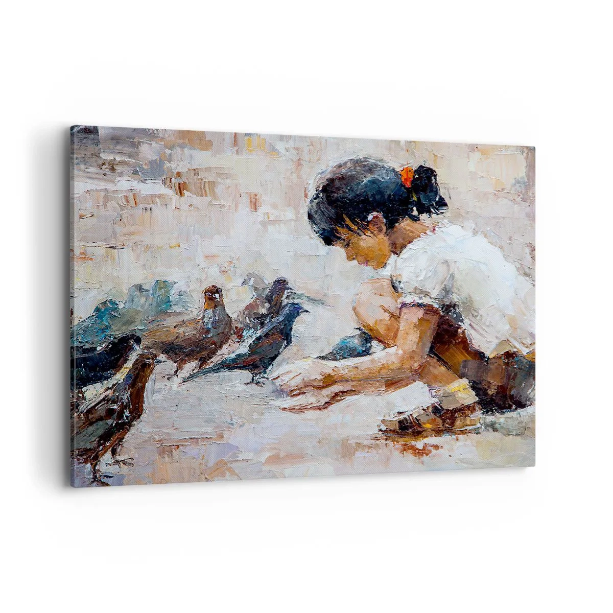 Impression sur toile - Image sur toile - Une fille nourrissant des oiseaux dans un style pictural - 100x70cm - Les plus petits et les plus gentils - Décoration murale moderne pour le salon et la chambre ARTTOR