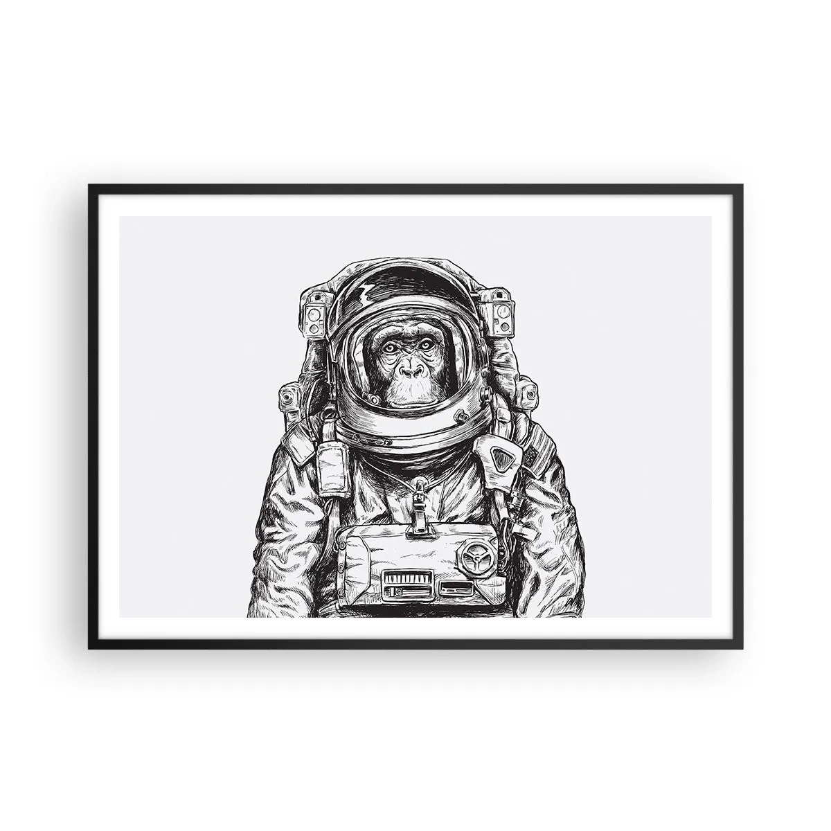 Affiche dans un cadre noir - Poster - Graphique d'un astronaute en combinaison spatiale avec une tête de singe - 100x70cm - Évolution alternative - Décoration murale moderne pour le salon et la chambre ARTTOR