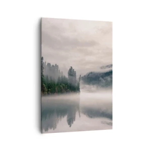 Impression sur toile - Image sur toile - Une forêt brumeuse se reflétant dans un lac calme - 70x100cm - Reflet dans le brouillard - Décoration murale moderne pour le salon et la chambre ARTTOR