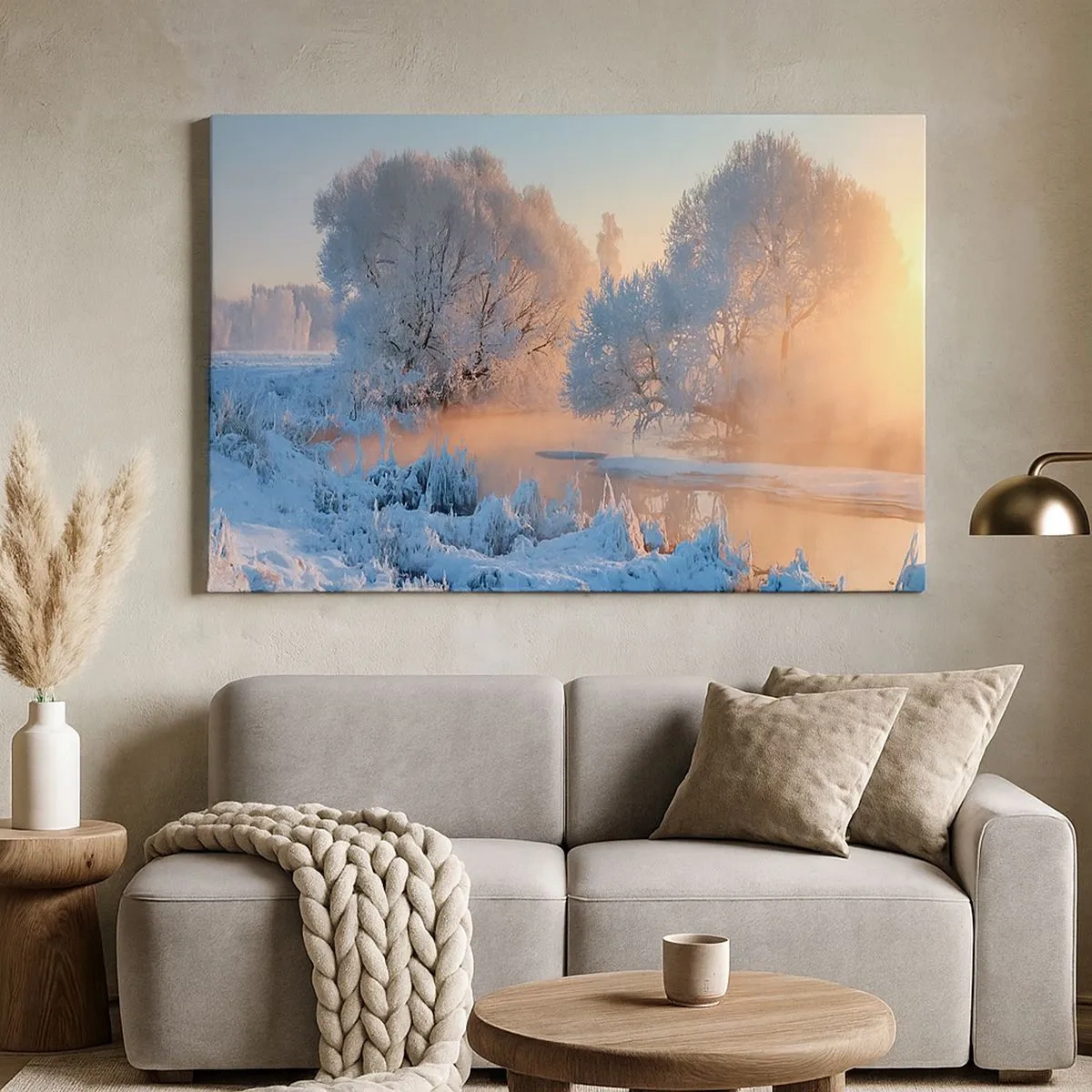 Impression sur toile - Image sur toile - Paysage d'hiver avec des arbres enneigés et un coucher de soleil - 70x50cm - Tout dans le soleil brille en cristal - Décoration murale moderne pour le salon et la chambre ARTTOR