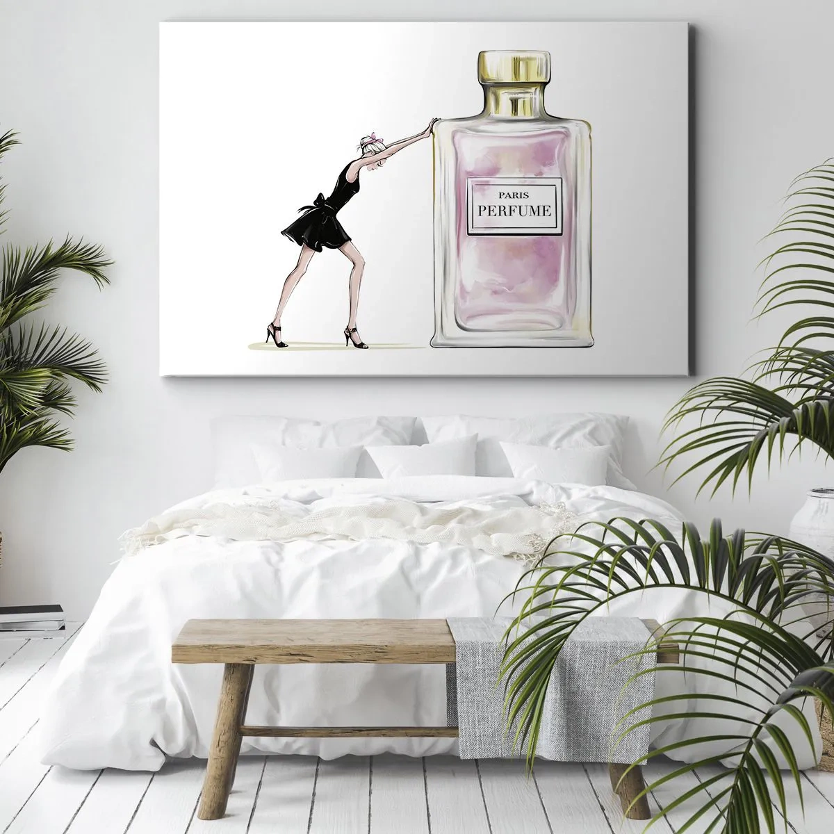 Impression sur toile - Image sur toile - Une femme en robe noire à côté d'un flacon de parfum - 70x50cm - L'essence des femmes - Décoration murale moderne pour le salon et la chambre ARTTOR