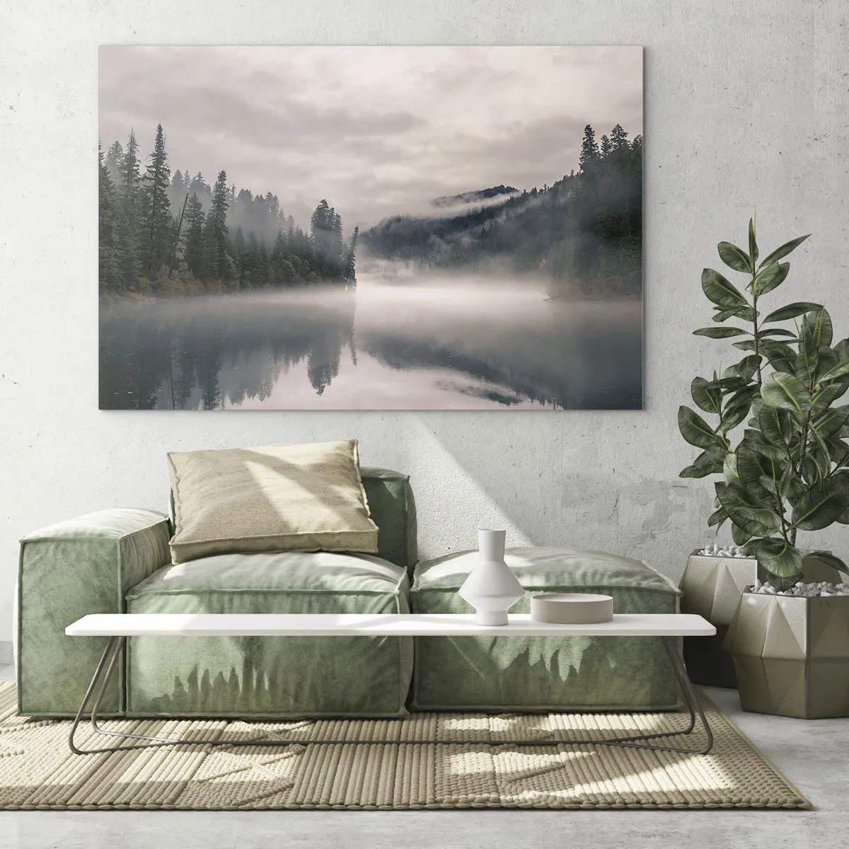 Impression sur verre - Image sur verre - Vue matinale d'un lac dans la forêt, enveloppé de brouillard - 100x70cm - Reflet dans le brouillard - Décoration murale moderne pour le salon et la chambre ARTTOR