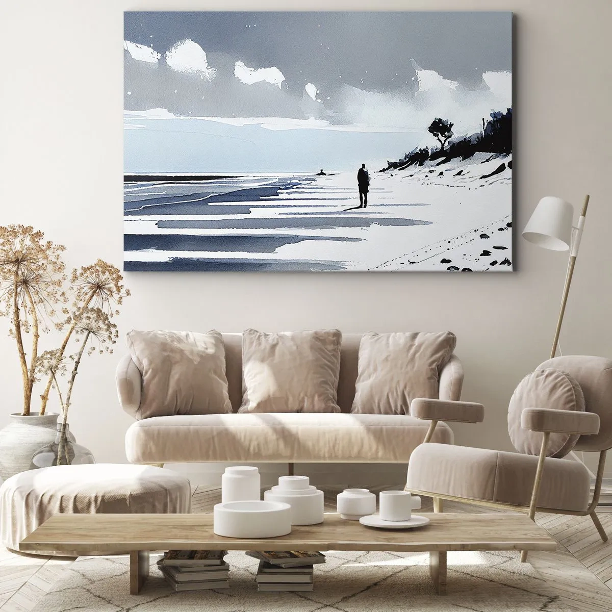 Impression sur toile - Image sur toile - Une silhouette solitaire marchant sur une plage déserte - 100x70cm - Seul à seul - Décoration murale moderne pour le salon et la chambre ARTTOR