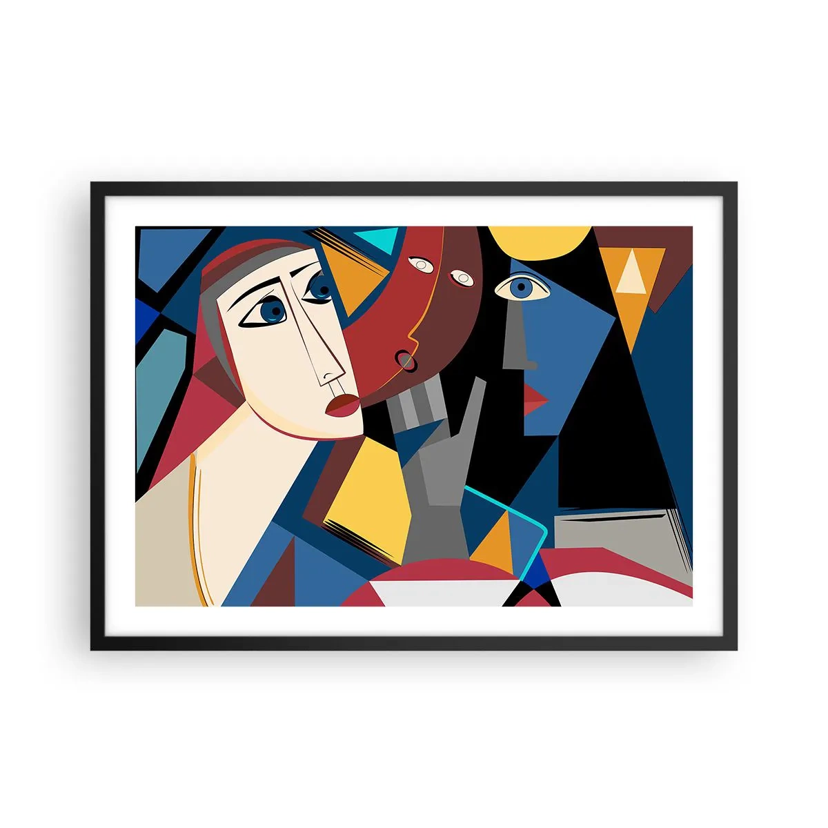 Affiche dans un cadre noir - Poster - Visages cubistes aux couleurs intenses - 70x50cm - Une conversation entre cubistes - Décoration murale moderne pour le salon et la chambre ARTTOR