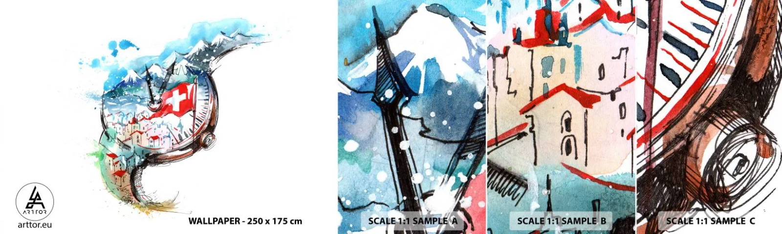 Échantillon De Papier Peint Standard Eco - L'esprit de la Suisse - Abstraction, Montre Suisse, Alpes - 100x30 cm