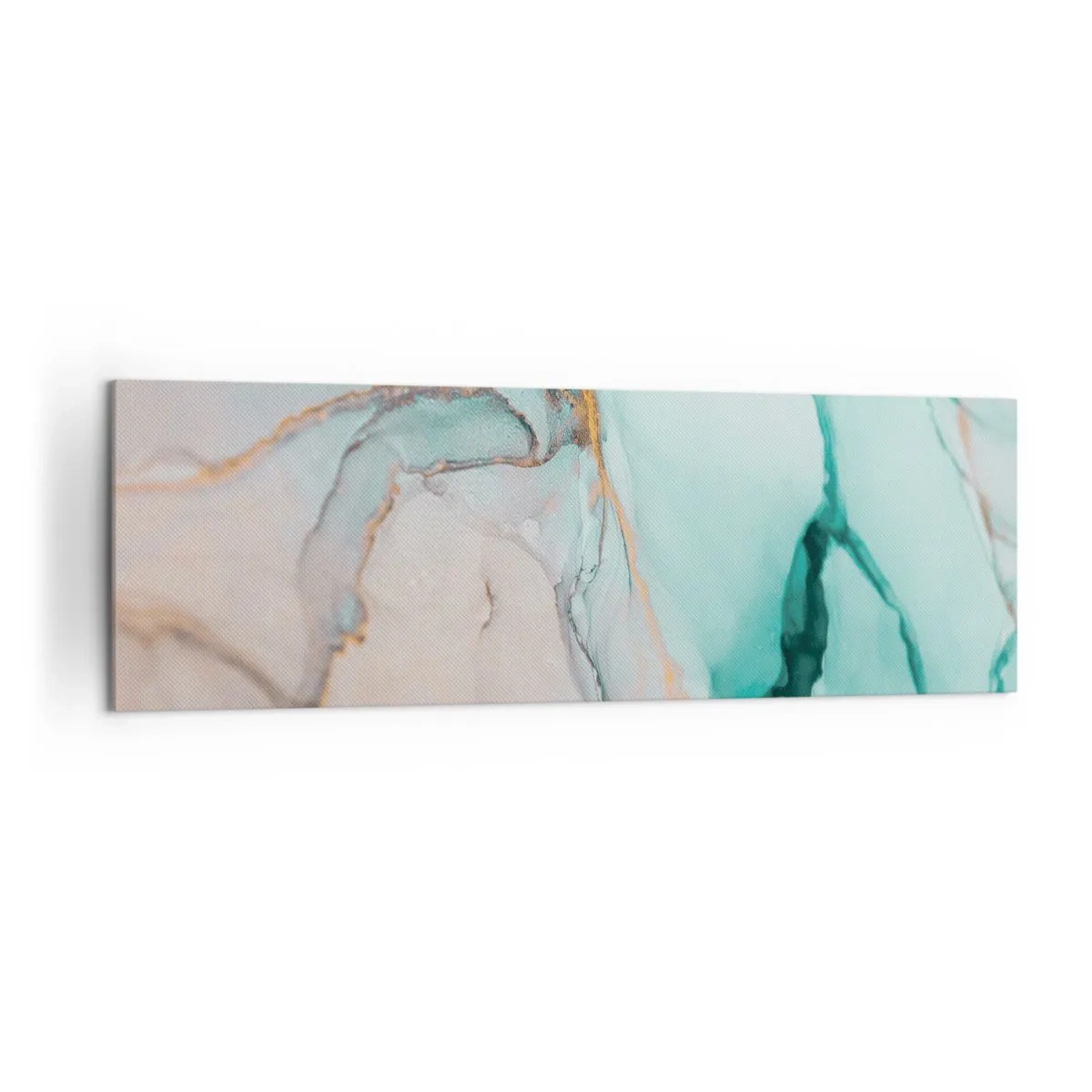 Impression sur toile - Image sur toile - Une composition abstraite dans des tons turquoise et or. - 160x50cm - Danse des formes et des couleurs - Décoration murale moderne pour le salon et la chambre ARTTOR