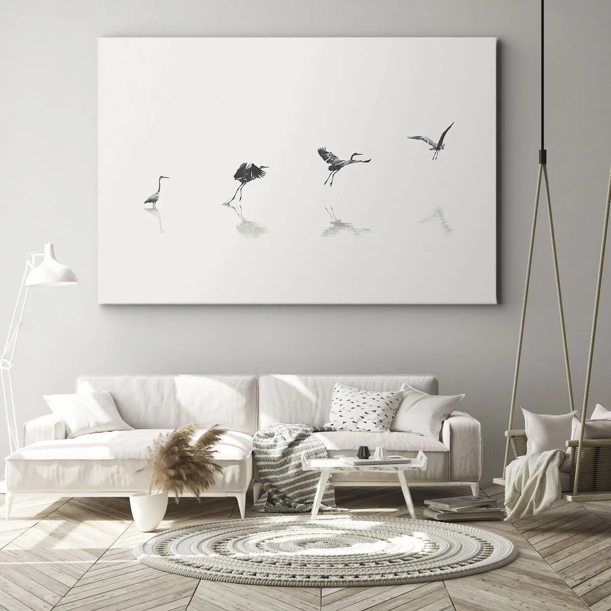 Impression sur toile - Image sur toile - Quatre silhouettes d'oiseaux se reflètent dans l'eau calme - 100x70cm - Quatre étapes simples - Décoration murale moderne pour le salon et la chambre ARTTOR