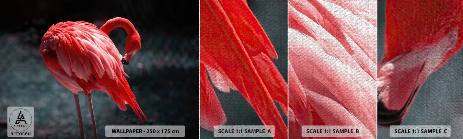 Échantillon de Papier Peint Premium Canvas - Poème cramoisi de la nature - Flamant, Oiseau, Nature - 100x30 cm