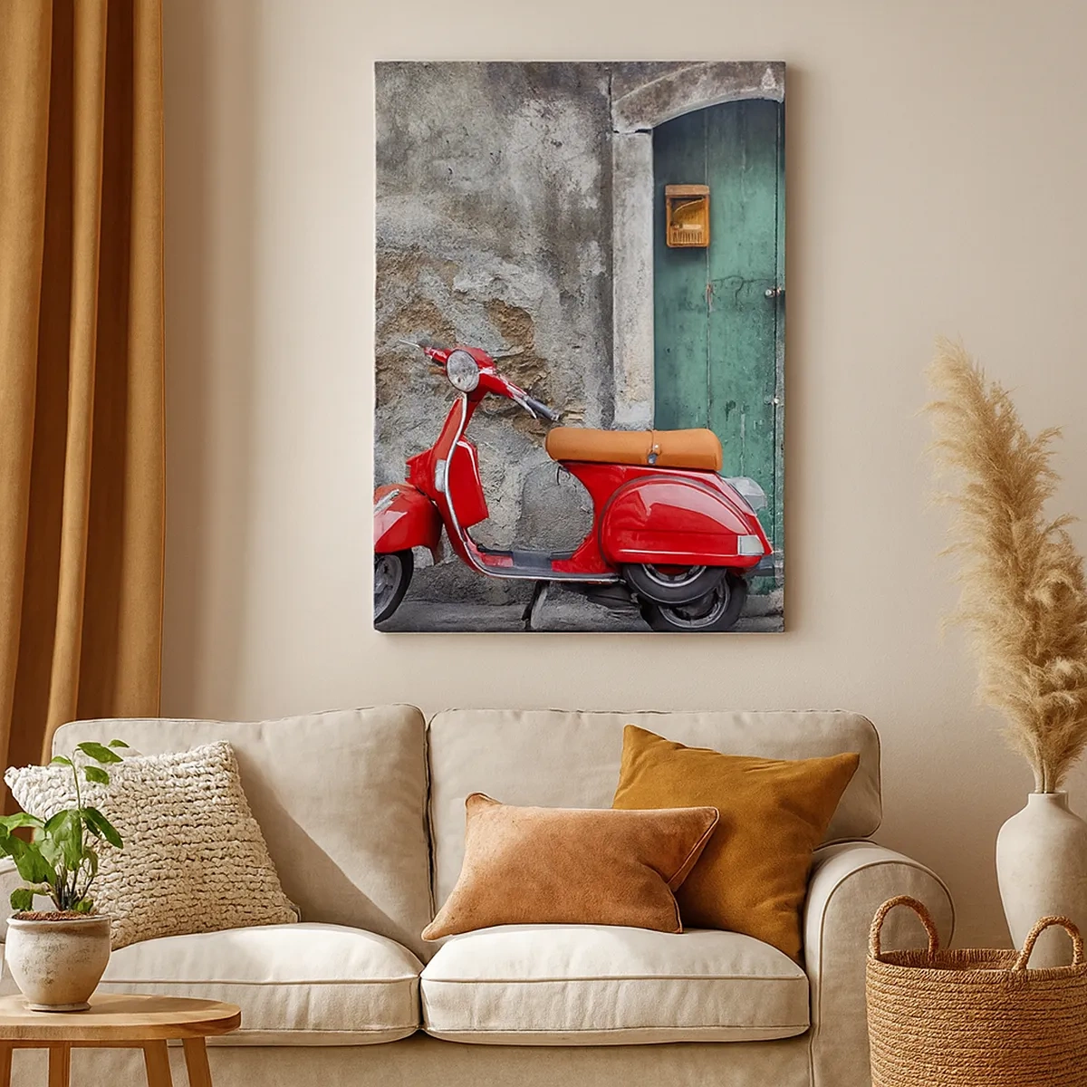 Impression sur toile - Image sur toile - Scooter rouge près de la porte verte - 50x70cm - Vacances italiennes - Décoration murale moderne pour le salon et la chambre ARTTOR