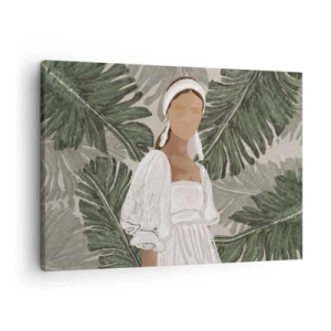 Impression sur toile - Image sur toile - Portrait d'une femme en robe blanche sur fond de feuilles de monstera - 70x50cm - Portrait exotique - Décoration murale moderne pour le salon et la chambre ARTTOR