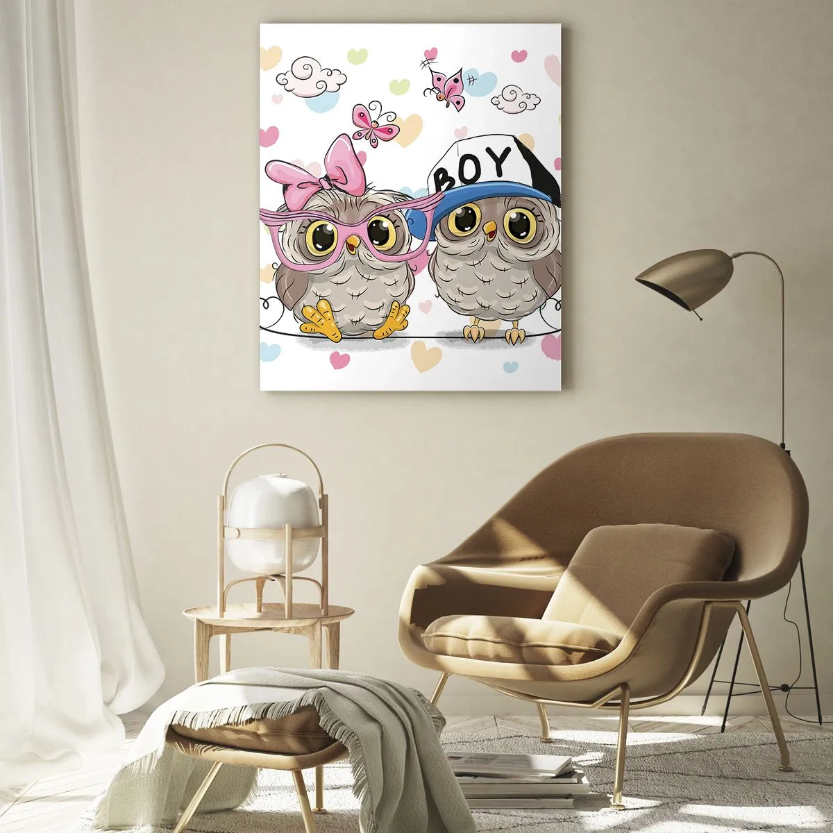 Impression sur verre - Image sur verre - Deux adorables hiboux entourés de cœurs - 80x120cm - On s'aime! - Décoration murale moderne pour le salon et la chambre ARTTOR