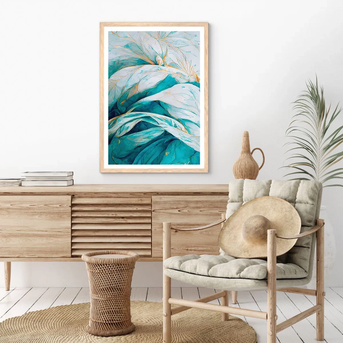 Affiche dans un chêne clair - Poster - Abstraction bleue avec un motif doré - 61x91 cm