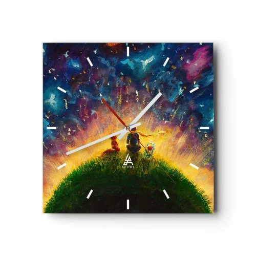 Horloge murale - Pendule murale - Personnages sur une colline verdoyante entourée d'un ciel étoilé - 30x30cm - Amour et amitié - le monde entier - Décoration murale moderne pour le salon et la chambre ARTTOR