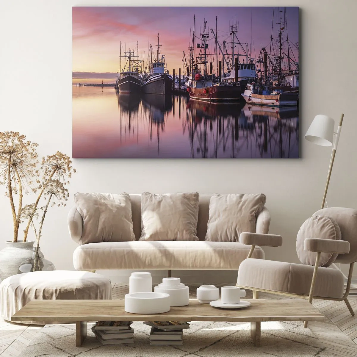 Impression sur toile - Image sur toile - Bateaux de pêche dans le port au coucher du soleil - 100x70cm - Avant le jour suivant - Décoration murale moderne pour le salon et la chambre ARTTOR