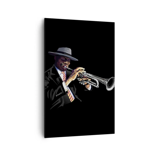Impression sur toile - Image sur toile - Un musicien jouant de la trompette sur un fond noir - 80x120cm - Le charme de la vieille école - Décoration murale moderne pour le salon et la chambre ARTTOR