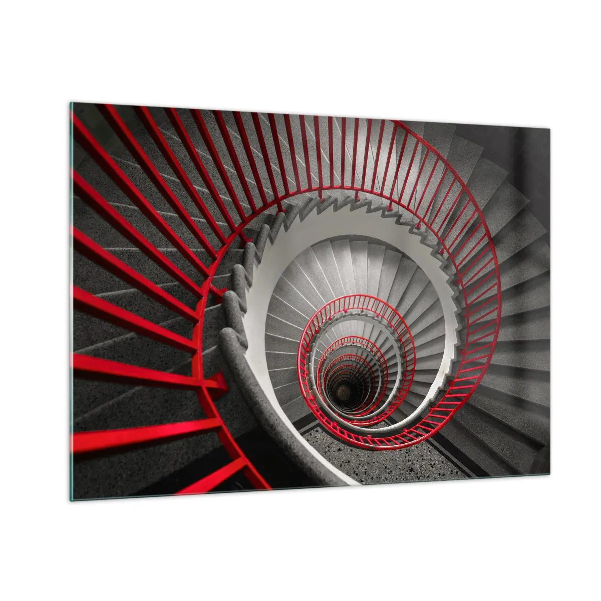 Impression sur verre - Image sur verre - Escalier en colimaçon avec rampes rouges en perspective - 100x70cm - Amusement architectural - Décoration murale moderne pour le salon et la chambre ARTTOR