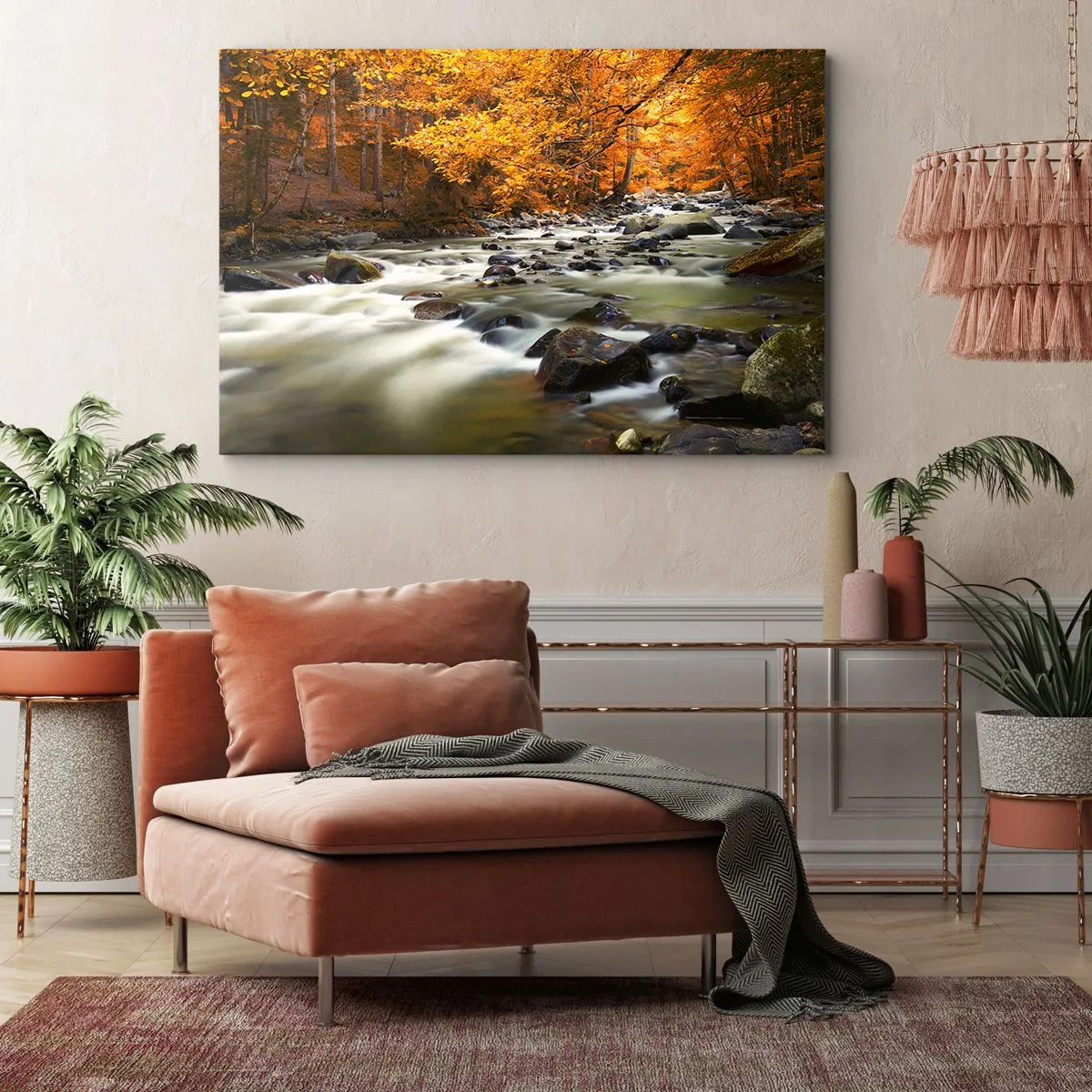 Impression sur toile - Image sur toile - Un ruisseau dans une forêt d'automne entouré de feuilles dorées - 100x70cm - Un ruisseau dans une forêt dorée - Décoration murale moderne pour le salon et la chambre ARTTOR