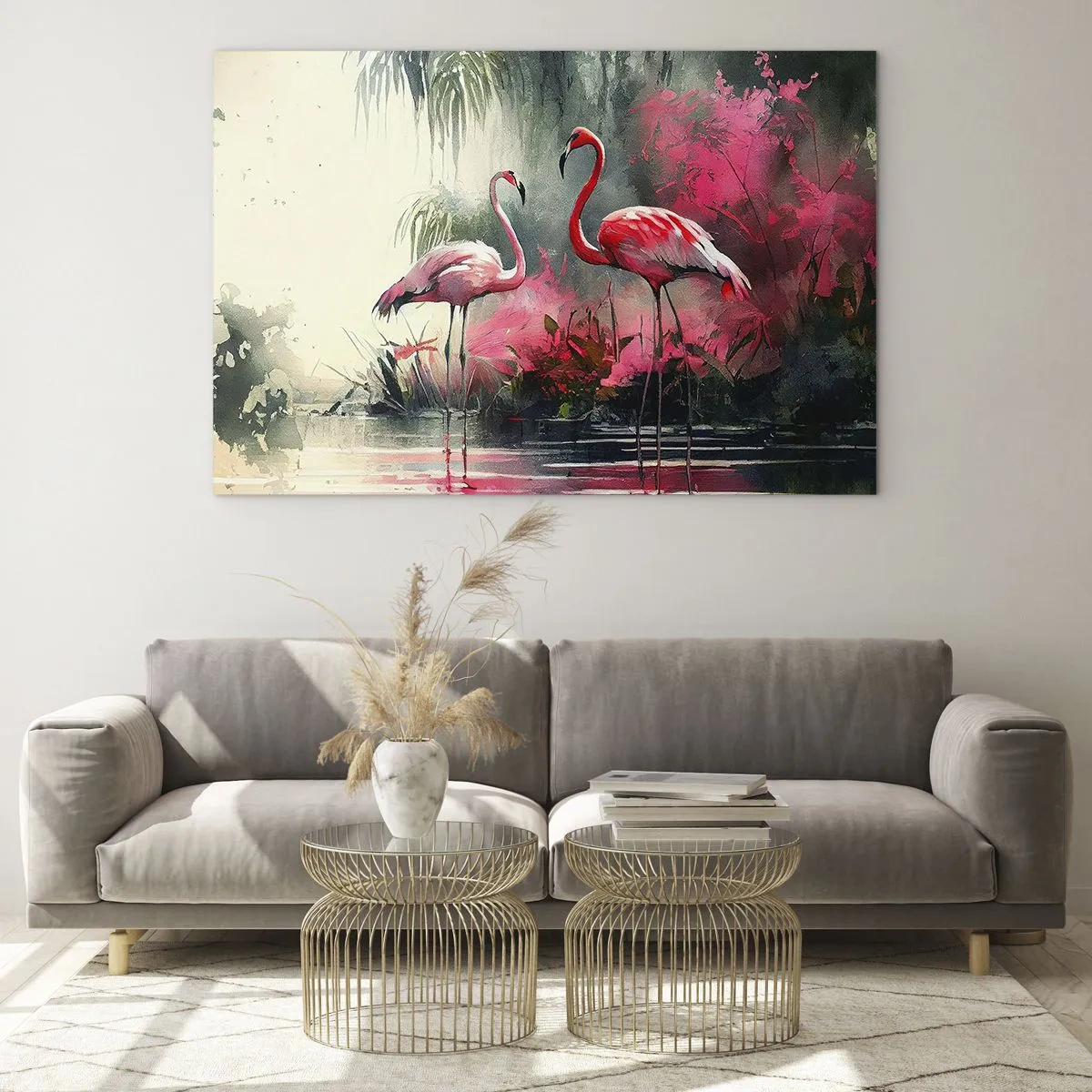 Impression sur verre - Image sur verre - Deux flamants roses dans un décor tropical au bord de l'eau - 120x80cm - Une leçon de grâce naturelle - Décoration murale moderne pour le salon et la chambre ARTTOR