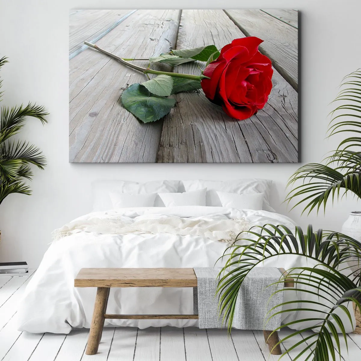 Impression sur toile - Image sur toile - Rose rouge sur fond de bois - 70x50cm - Étude écarlate - Décoration murale moderne pour le salon et la chambre ARTTOR