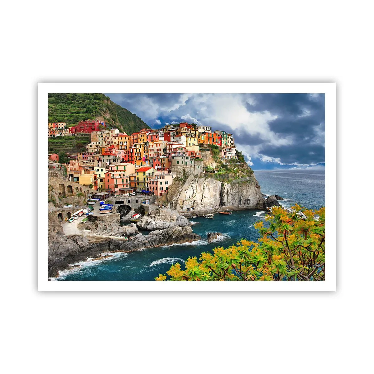 Affiche - Poster - Maisons colorées sur une falaise surplombant la mer aux Cinque Terre - 100x70cm - Un groupe embrassant les rochers - Décoration murale moderne pour le salon et la chambre ARTTOR