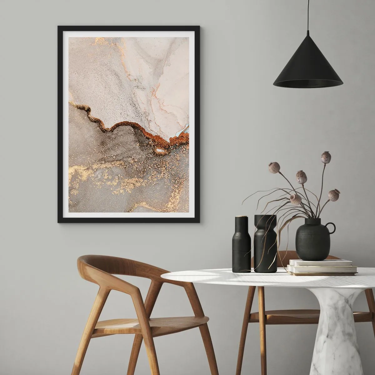 Affiche dans un cadre noir - Poster - Motif abstrait en marbre avec des accents dorés et cuivrés - 50x70cm - Aux frontières des couleurs - Décoration murale moderne pour le salon et la chambre ARTTOR