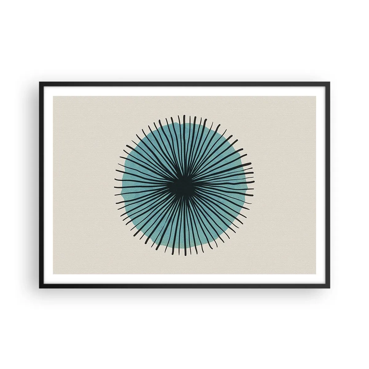 Affiche dans un cadre noir - Poster - Forme circulaire abstraite avec des rayons bleus - 100x70cm - Rayonnant dans l'azur - Décoration murale moderne pour le salon et la chambre ARTTOR