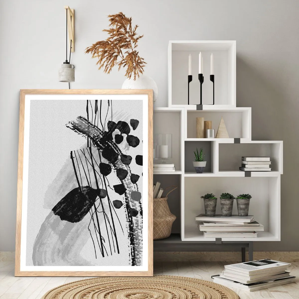 Affiche dans un chêne clair - Poster - Abstraction organique noir et blanc - 70x100 cm