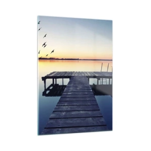 Impression sur verre - Image sur verre - Une jetée sur le lac avec vue sur le coucher de soleil et les oiseaux en vol - 50x70cm - C'était une bonne journée - Décoration murale moderne pour le salon et la chambre ARTTOR
