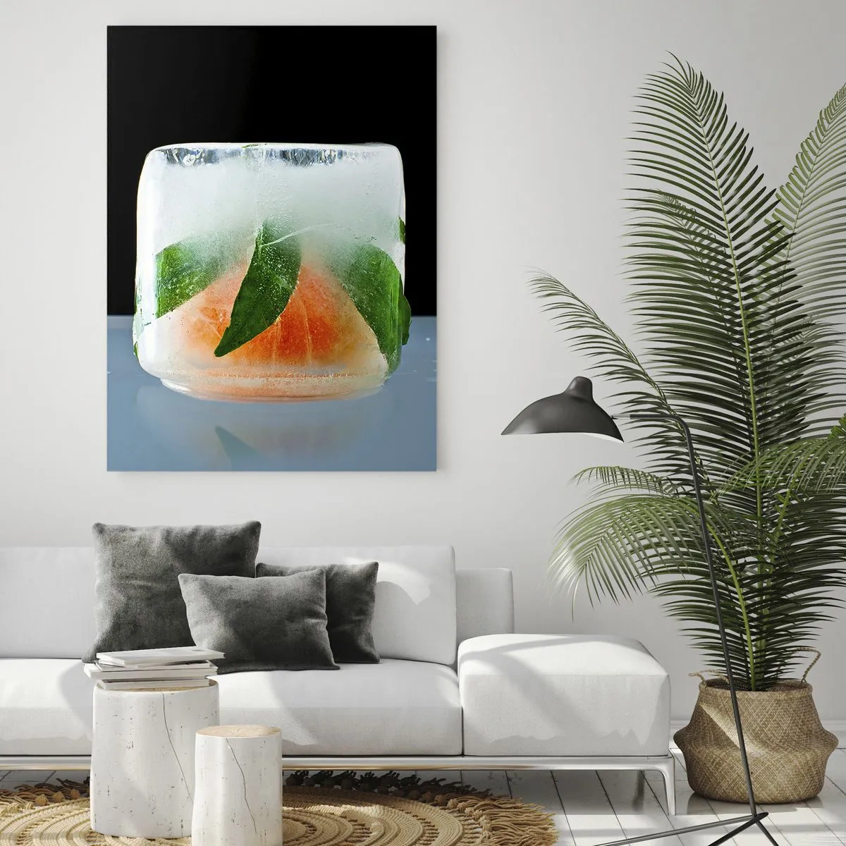 Impression sur verre - Image sur verre - Glaçon à l'orange et aux feuilles - 80x120cm - Fraîcheur et rafraîchissement - Décoration murale moderne pour le salon et la chambre ARTTOR
