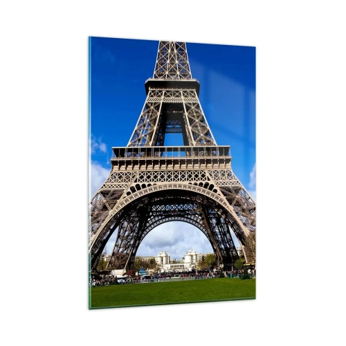 Impression sur verre - Image sur verre - La Tour Eiffel sur fond de ciel bleu et de parc verdoyant - 80x120cm - Tout Paris à ses pieds - Décoration murale moderne pour le salon et la chambre ARTTOR
