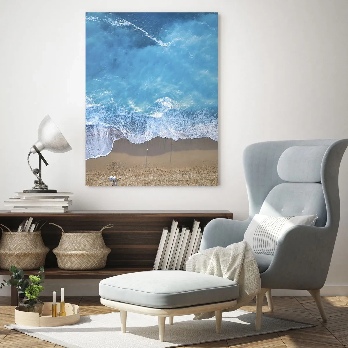 Impression sur verre - Image sur verre - Vue aérienne de la plage et des vagues déferlantes - 50x70cm - La force du bleu - Décoration murale moderne pour le salon et la chambre ARTTOR