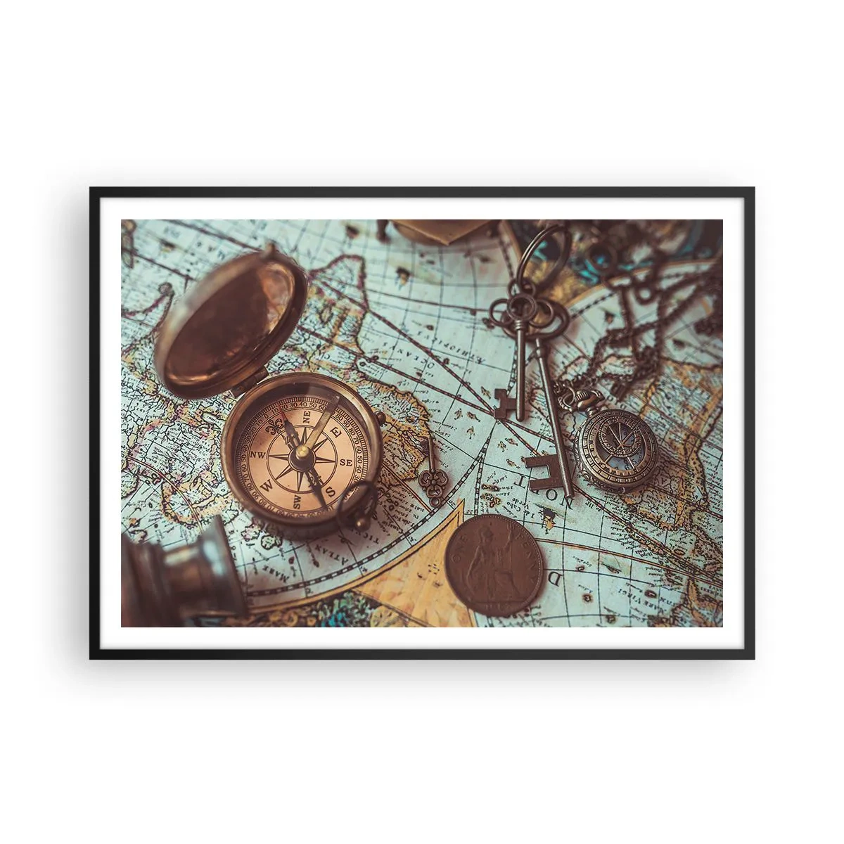 Affiche dans un cadre noir - Poster - Composition avec une boussole, des clés et une vieille carte dans un style rétro - 100x70cm - Pour ceux qui recherche l'aventure - Décoration murale moderne pour le salon et la chambre ARTTOR
