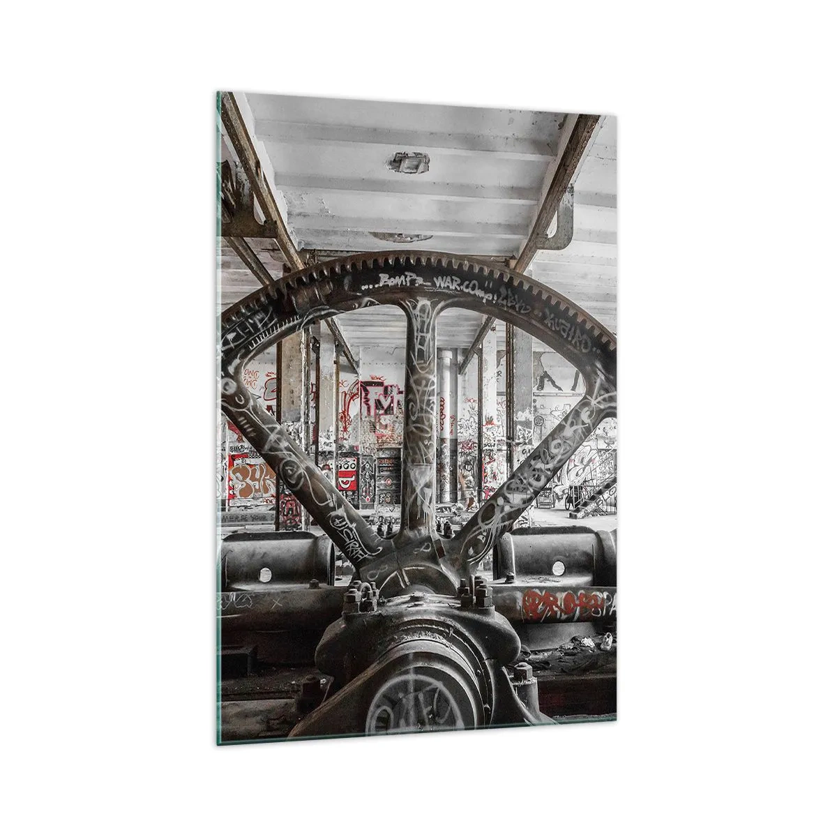 Impression sur verre - Image sur verre - Un vieux mécanisme dans un intérieur industriel abandonné - 70x100cm - Vie secrète d'une usine - Décoration murale moderne pour le salon et la chambre ARTTOR