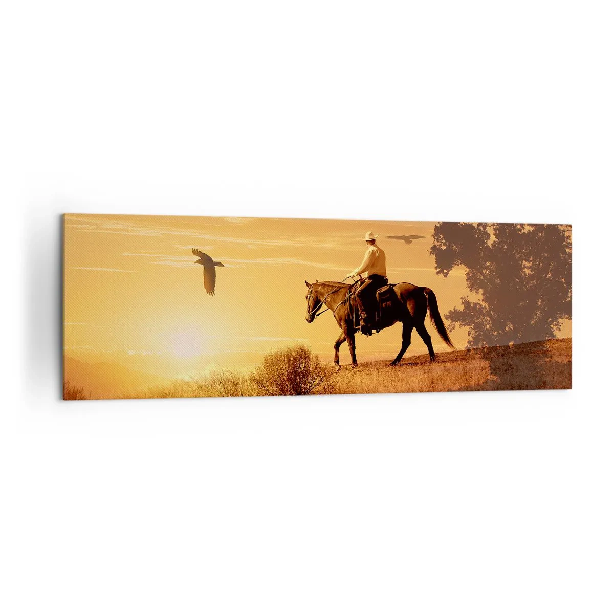 Impression sur toile - Image sur toile - Un cavalier sur un cheval au coucher du soleil contre la prairie - 160x50cm - Seul à travers la prairie - Décoration murale moderne pour le salon et la chambre ARTTOR