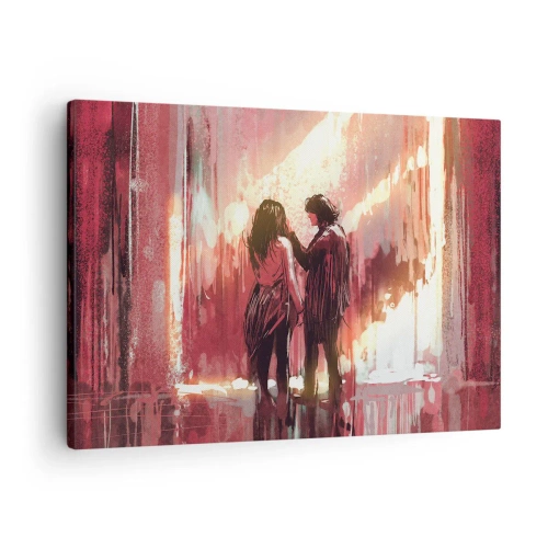 Impression sur toile - Image sur toile - Un couple debout dans une lumière chaude sur fond de motifs abstraits - 70x50cm - L'éternel spectacle de l'amour - Décoration murale moderne pour le salon et la chambre ARTTOR