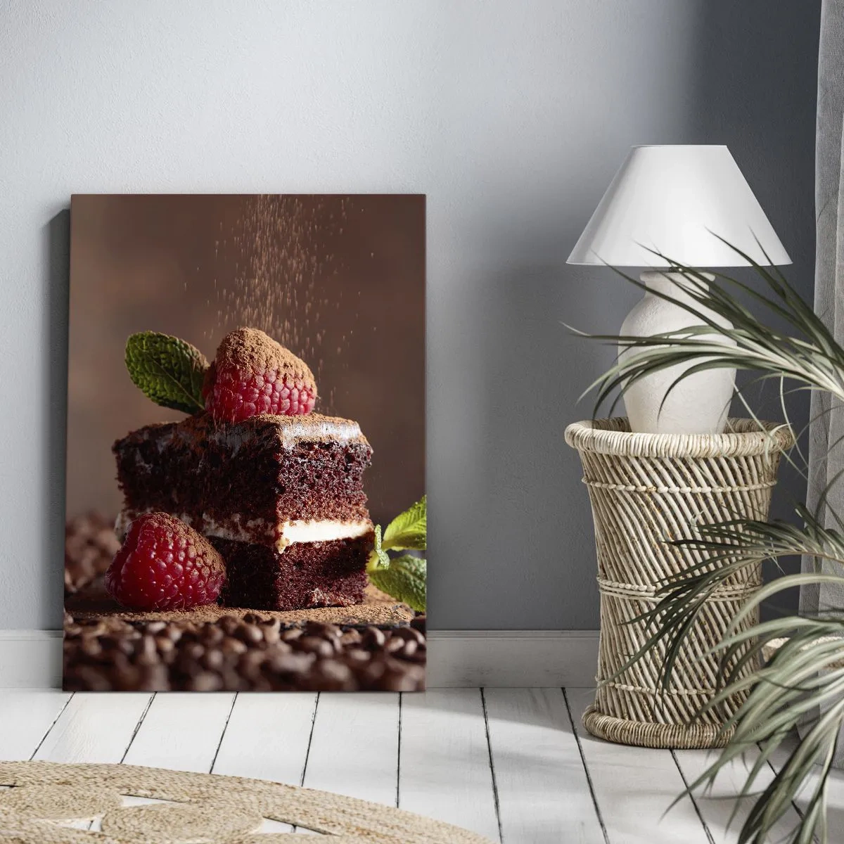 Impression sur toile - Image sur toile - Gâteau au chocolat aux framboises et à la menthe sur fond de fèves de cacao - 50x70cm - La vie est douce - Décoration murale moderne pour le salon et la chambre ARTTOR