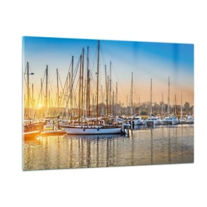 Impression sur verre - Image sur verre - Une marina pleine de voiliers à la lumière du soleil couchant - 120x80cm - Le vent aussi doit dormir - Décoration murale moderne pour le salon et la chambre ARTTOR