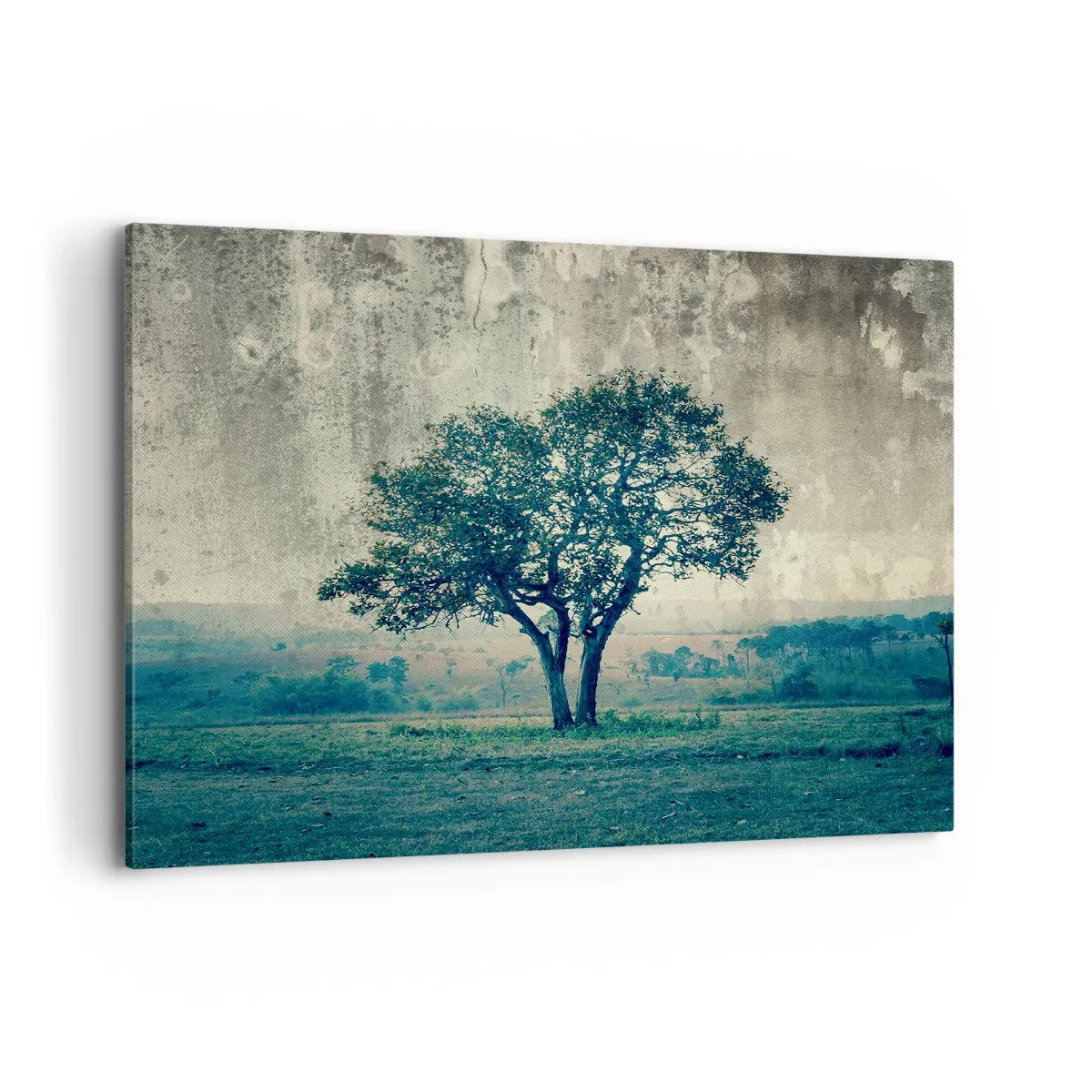 Impression sur toile - Image sur toile - Un arbre solitaire dans un paysage brumeux - 120x80cm - Un pommier sur un champ bleu ? - Décoration murale moderne pour le salon et la chambre ARTTOR