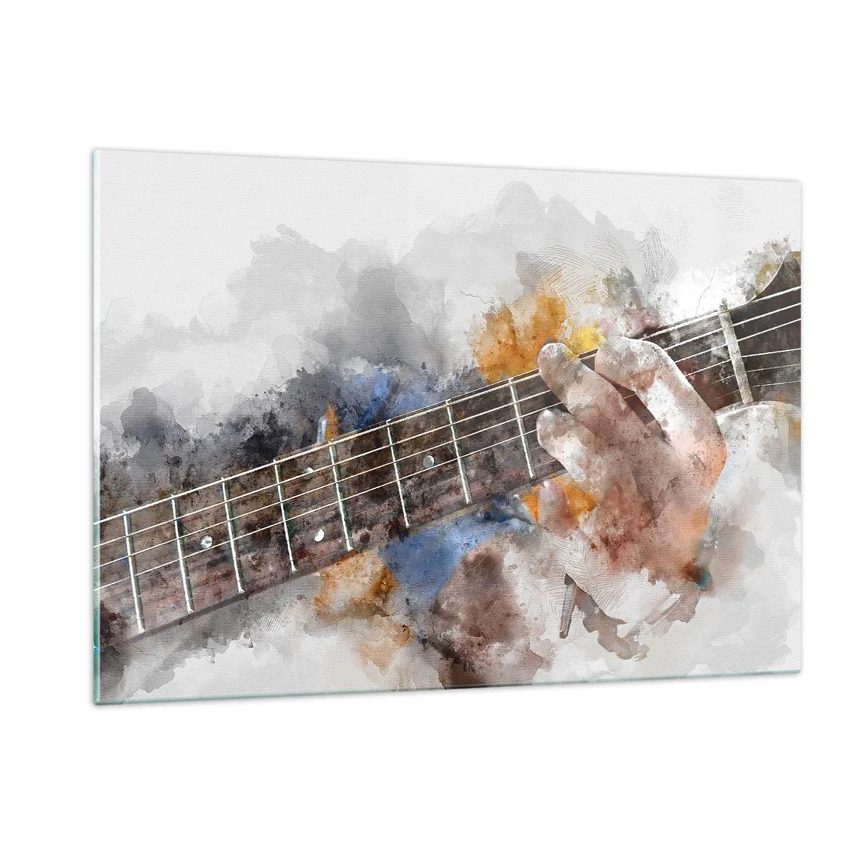 Impression sur verre - Image sur verre - Motif aquarelle d'une main jouant de la guitare - 120x80cm - La poésie entre les cordes - Décoration murale moderne pour le salon et la chambre ARTTOR