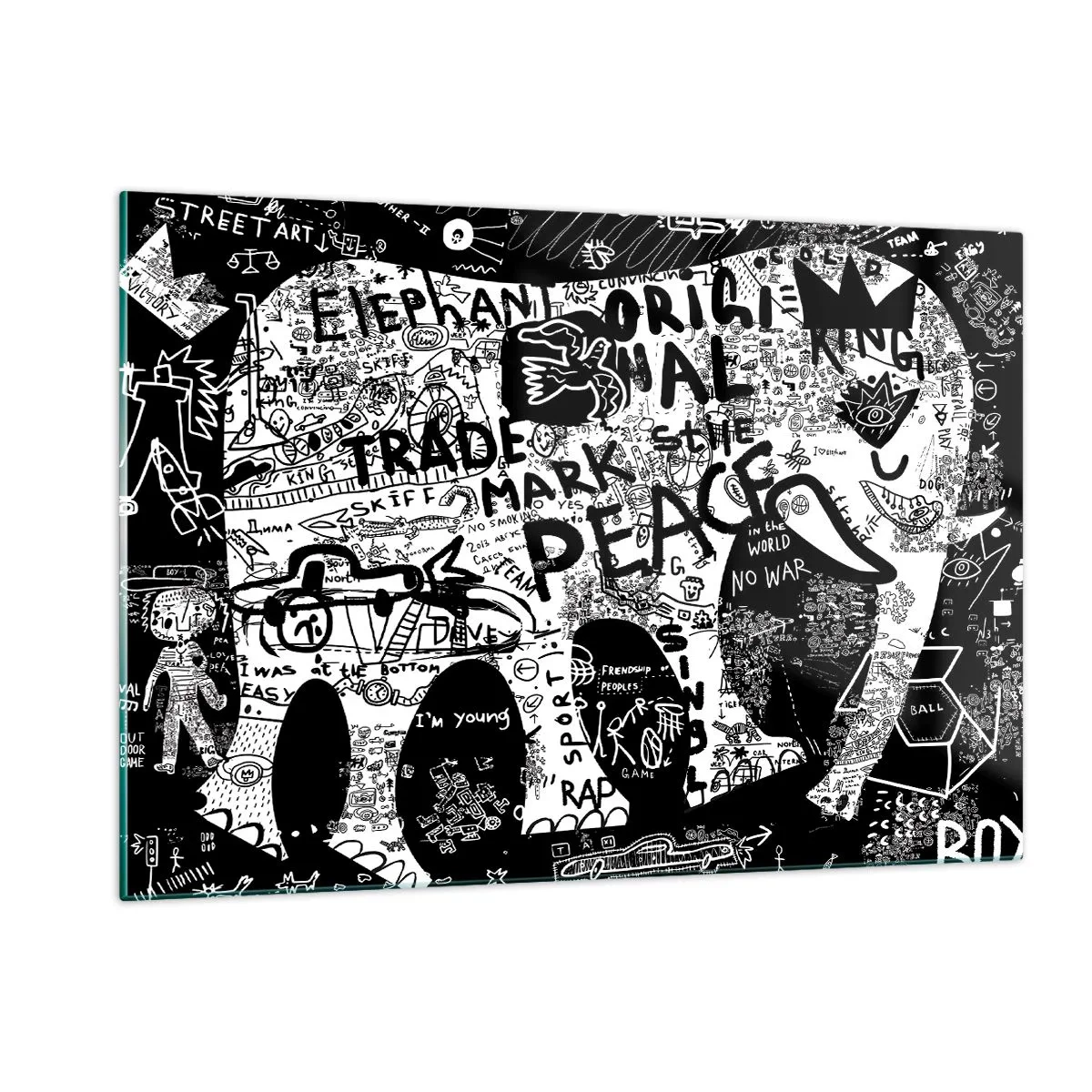 Impression sur verre - Image sur verre - Image de graffiti en noir et blanc avec des thèmes de paix et de liberté - 120x80cm - La richesse des rues - Décoration murale moderne pour le salon et la chambre ARTTOR